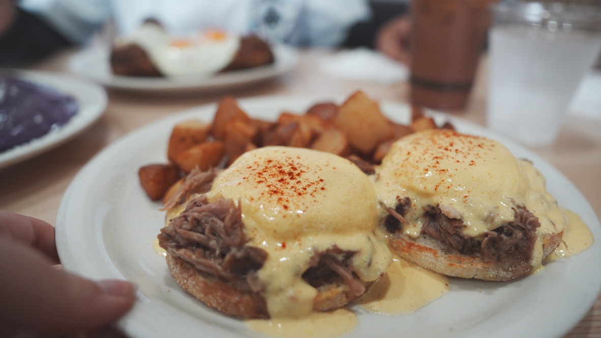Kalua Pork Eggs Benedict at Aloha Stacks